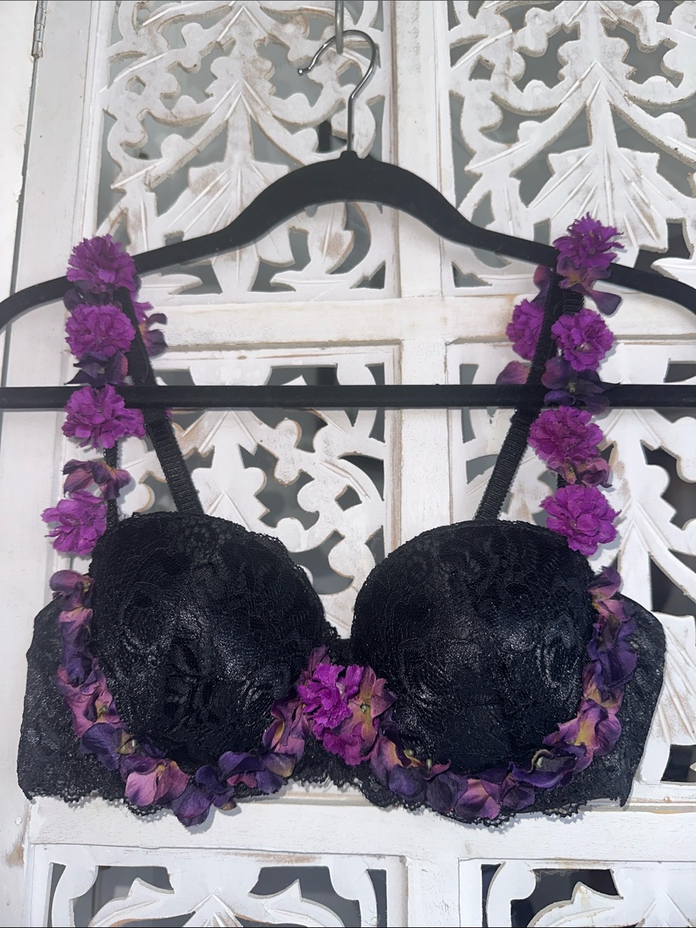 Marilyn Monroe Black Lace Bra with Purple Floral Trim